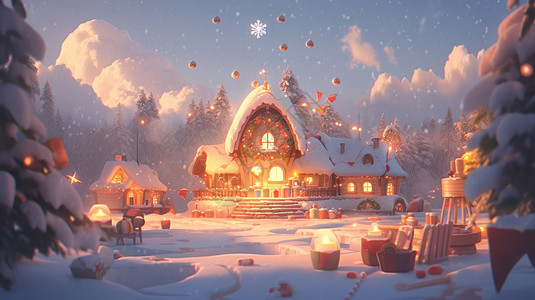 冬天雪地中温馨的卡通小房子图片