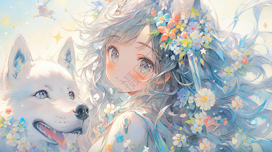 头戴花朵可爱的卡通女孩白色宠物狗图片