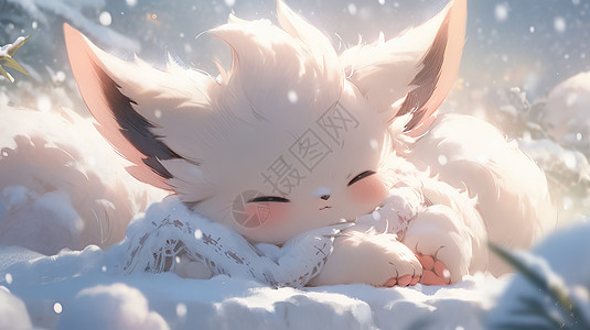 趴在雪地中睡觉的可爱卡通小狐狸图片