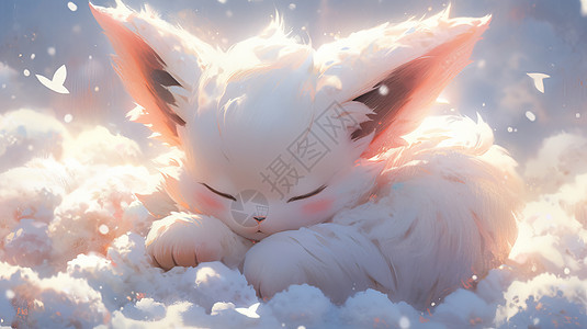 梦幻可爱的卡通小白狐狸在睡觉图片