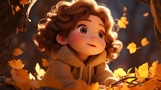 秋天在金黄色树叶中可爱的卷发卡通小女孩图片
