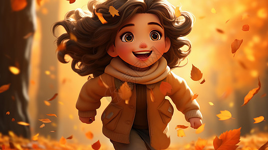 奔跑在森林中开心笑的可爱立体卡通小女孩图片