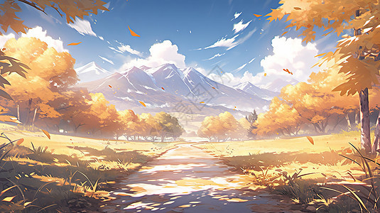 秋天野外唯美的卡通秋天风景乡间小路背景图片