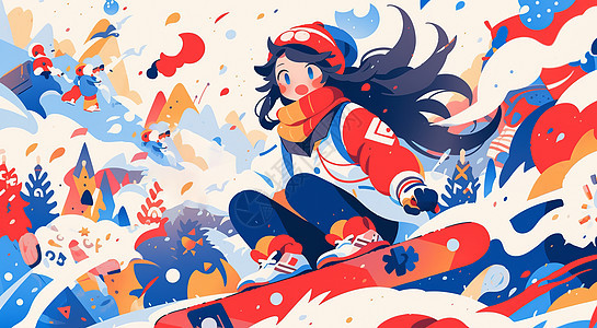 扁平风正在滑雪的长发卡通女孩图片
