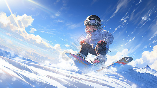 蓝天白云下滑雪的卡通人物图片