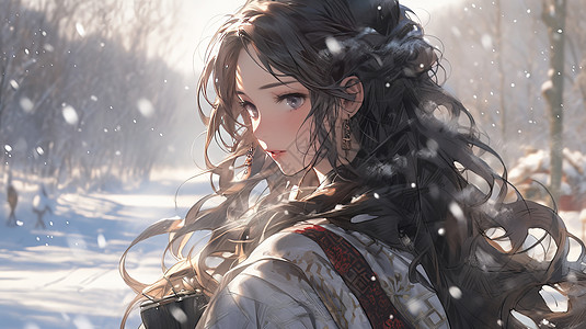 风雪中古风装扮漂亮的卡通女孩高清图片