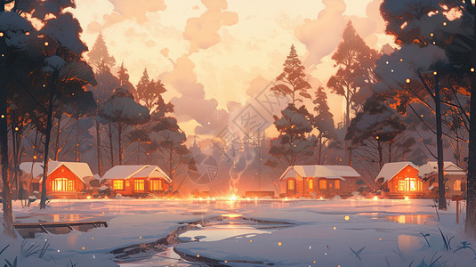 冬天雪地中几座温馨的卡通小房子图片