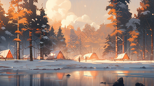 初冬森林中几座露营帐篷图片
