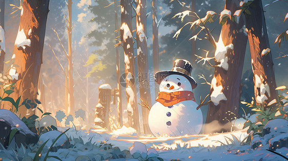 冬天在雪地中树下一个可爱的卡通小雪人图片