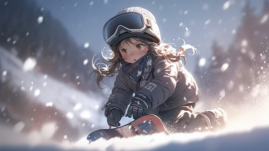 在雪地中滑雪的长发卡通女孩图片