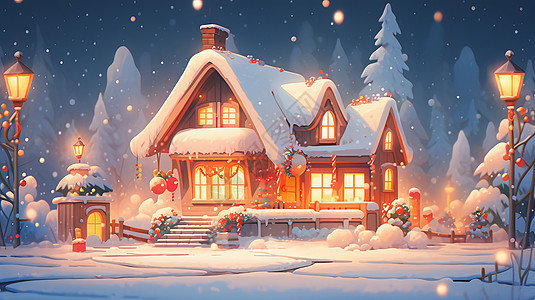 圣诞节雪地中充满节日氛围的卡通小木屋图片