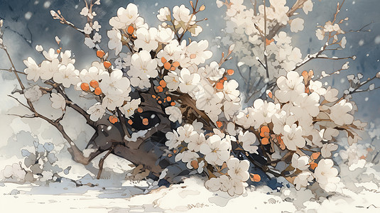 冬天雪地中盛开的卡通梅花树图片