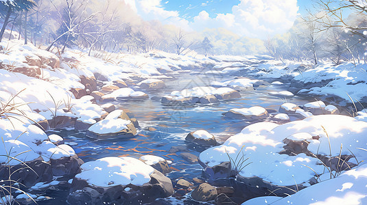 冬天唯美清新的卡通小溪风景图片