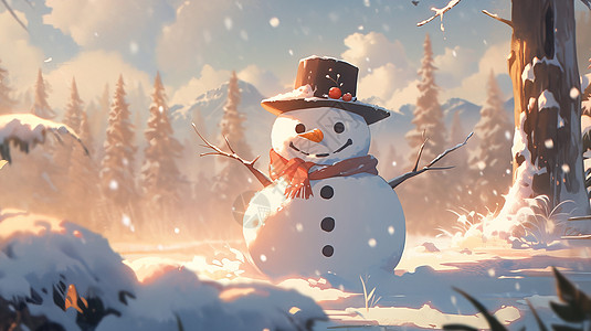 大雪中戴帽子可爱的卡通小雪人背景图片