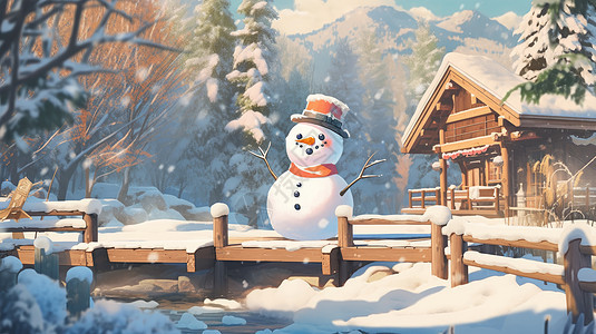 在小木桥上可爱的卡通小雪人图片