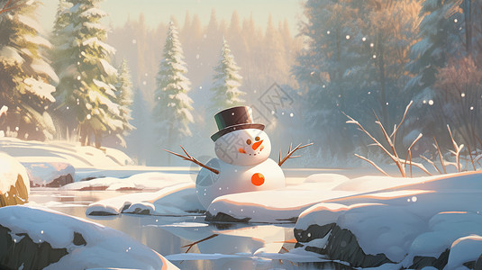 下大雪的森林中一个可爱的卡通小雪人在河边图片