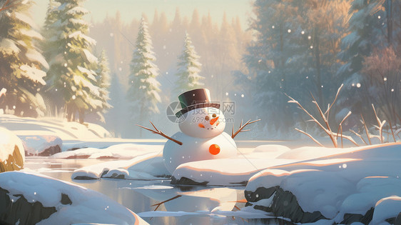 下大雪的森林中一个可爱的卡通小雪人在河边图片
