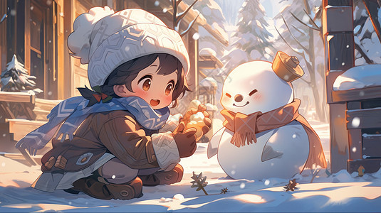 冬天在户外堆雪人的可爱卡通小女孩图片