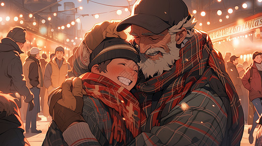 感恩节在繁华的商业街上拥抱开心笑的卡通爷爷与孙子背景图片