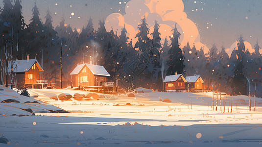 雪地露营雪后森林中的温馨卡通小木屋插画