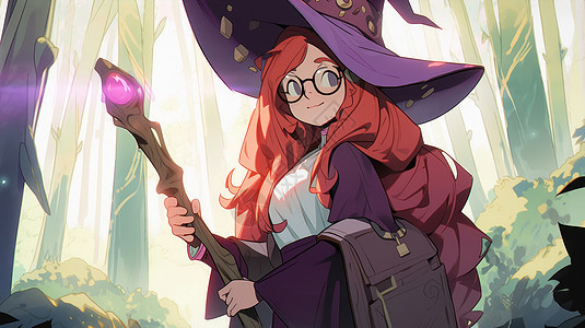 戴着紫色帽子在森林中的探险的卡通女巫图片