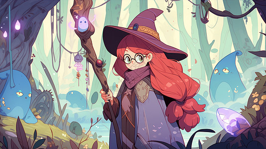 万圣节手拿魔法杖在森林中的可爱卡通小女巫插画