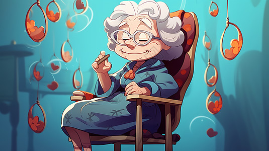 坐在椅子上可爱的白发卡通老奶奶图片