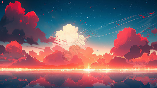 傍晚湖面上唯美的卡通火烧云风景图片
