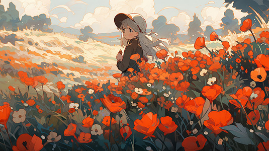 秋天站在红色花丛中的可爱长发卡通女孩背景图片