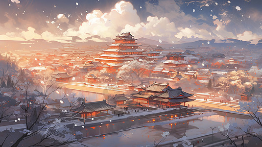 冬天雪中梦幻的卡通古风城市建筑风景图片