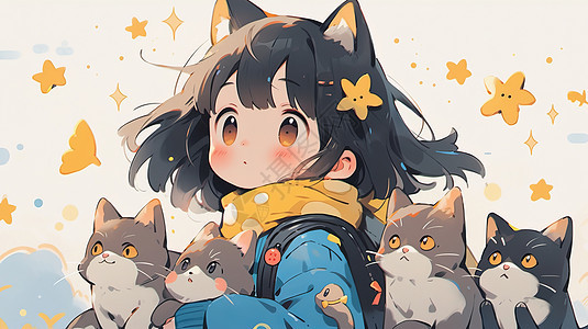 围着黄色围巾的可爱卡通小女孩与她的宠物猫们图片