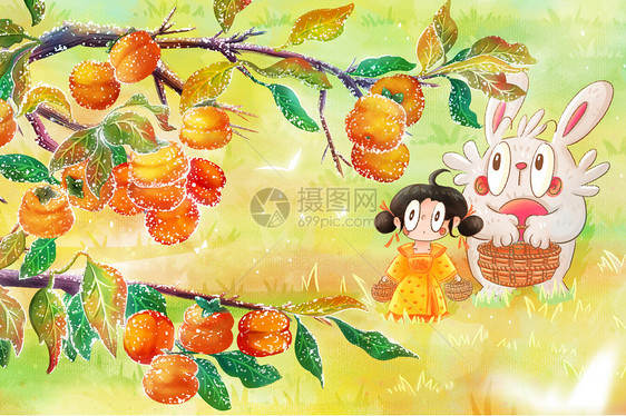 秋天霜降柿子树兔子女孩图片