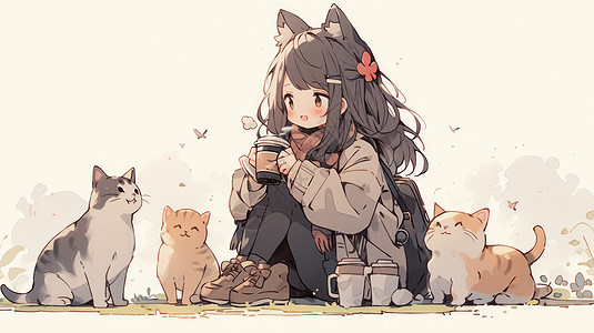 坐在地上喝热咖啡的可爱卡通女孩与宠物猫们图片