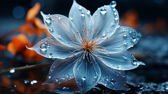 蓝色盛开的花朵上沾满水珠图片