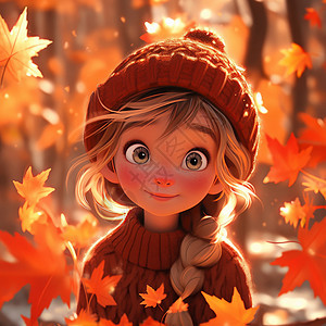 在枫叶林中戴着红色毛线帽的可爱卡通女孩图片