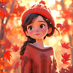 穿着红色毛衣欣赏枫叶的小清新卡通女孩背景图片