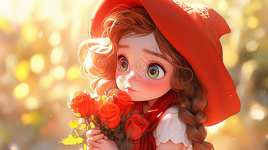 唯美插画手捧红色花朵戴着红色帽子的可爱卡通小女孩插画