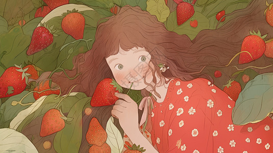 在草莓园中可爱的长发卡通女孩图片