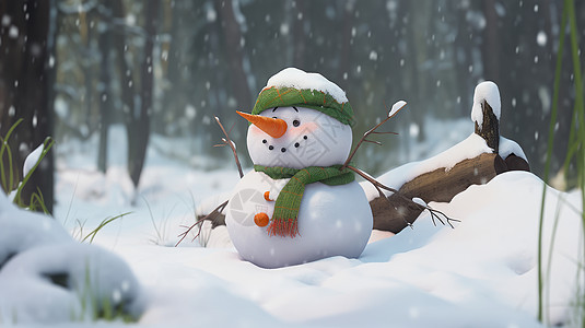 冬天雪中森林戴着绿色帽子和围巾的卡通小雪人图片