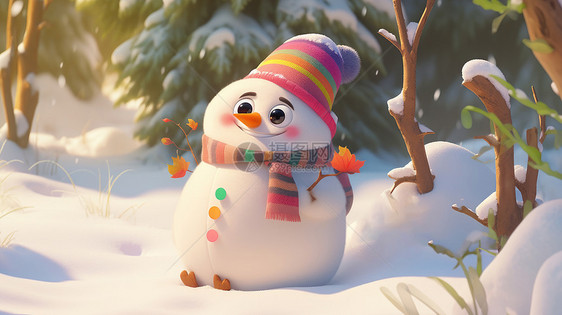 戴着彩色毛线帽可爱的卡通小雪人图片