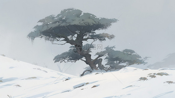 冬天雪中山坡上一棵古老的树图片