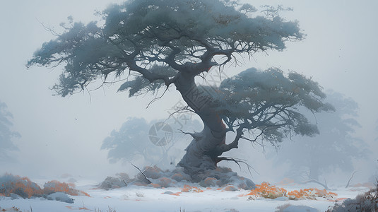 冬天有雾气的森林中一棵老古树图片