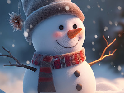 雪中微笑的可爱卡通小雪人背景图片