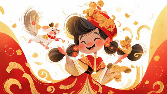 新年穿着红色喜庆的传统服装开心跳舞的卡通小女孩图片