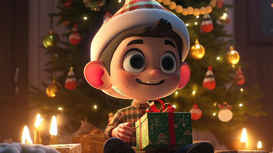 圣诞节抱着礼物开心笑的卡通小男孩背景图片