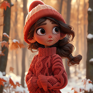 穿着红色毛衣在森林中的卡通女孩图片