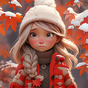 穿着厚外套在雪后枫树林中的卡通小女孩图片