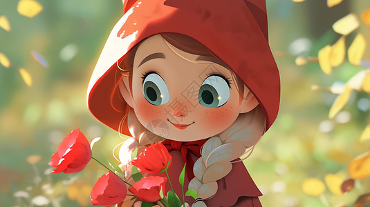长发可爱的卡通小姑娘看着红色花朵图片