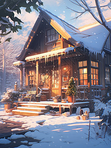 雪中屋前摆放着小小的圣诞树卡通木屋图片