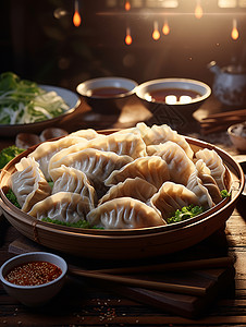 手工水饺包水饺特写一盘美味的手工水饺与蘸料插画